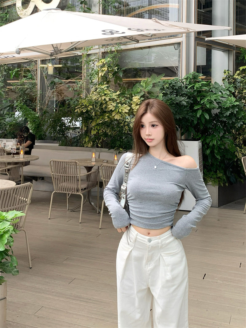 💕簡約通勤絕美基礎款斜肩磨毛上衣
