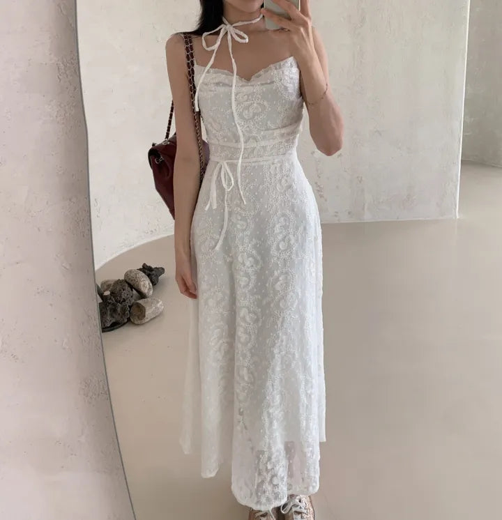 💕ihs系溫柔蕾絲性感露背鬆緊系帶收腰吊帶長裙