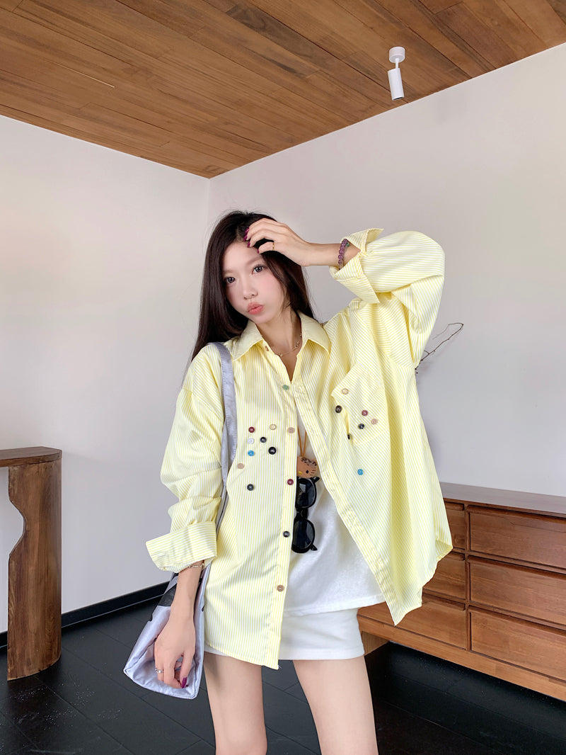💕青春寬鬆百搭別緻彩色鈕扣條紋襯衫