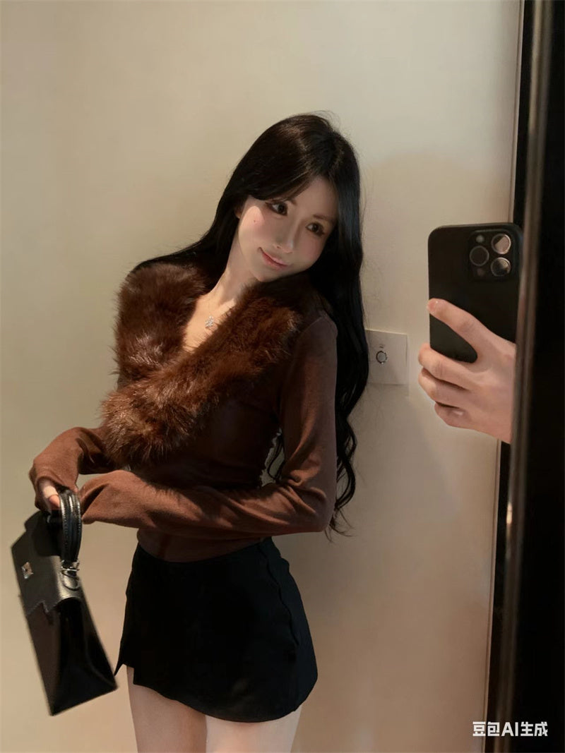 💕純欲辣妹毛領拼接V領長袖修身上衣