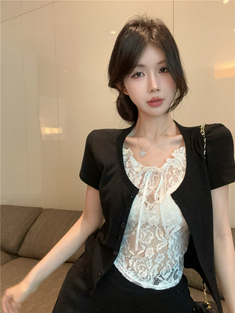 💕高級感假兩件短袖拼接蕾絲上衣