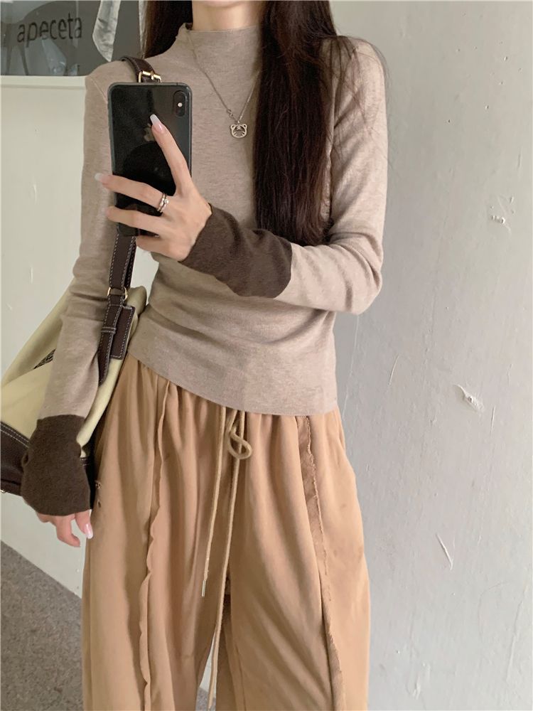 💕通勤百搭撞色長袖針織修身打底上衣