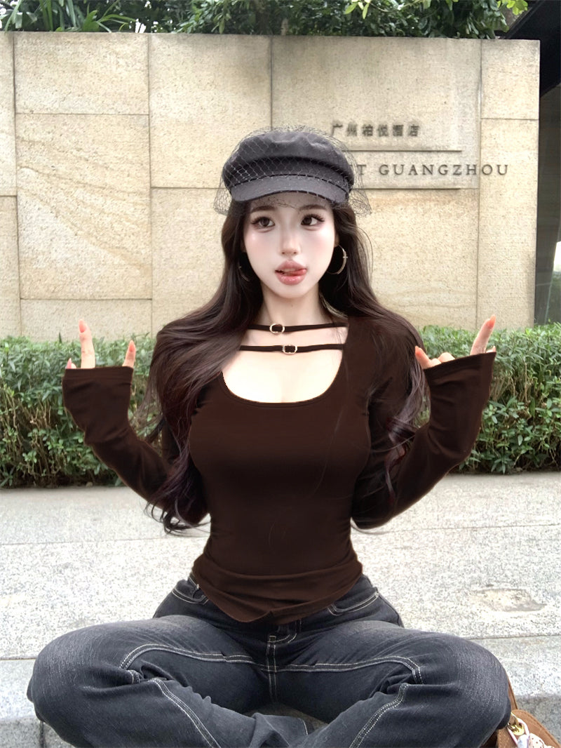 💕氣質設計感褶皺雙條扣低胸上衣