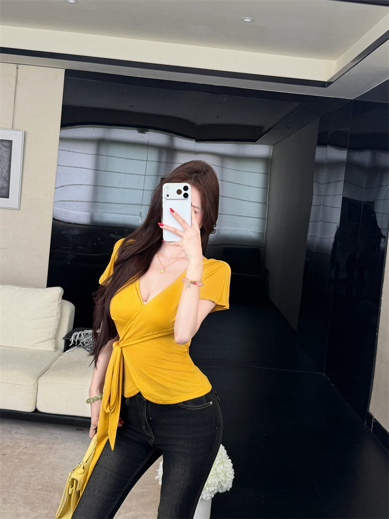 💕氣質優雅交叉V領綁帶T袖上衣