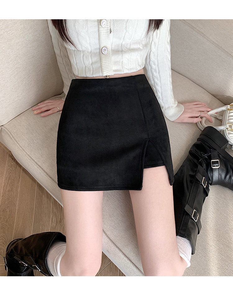 💕秋冬皮絨半身高腰開衩顯瘦包臀短裙