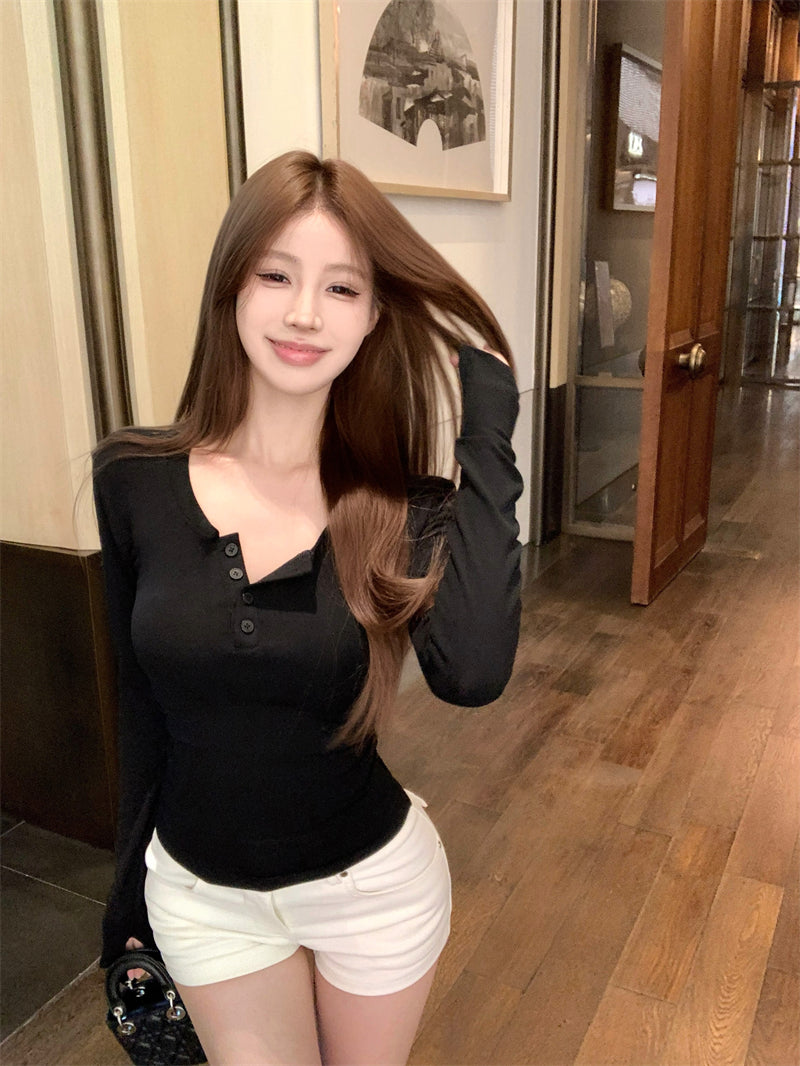 💕秋冬辣妹半高U領修身褶皺短磨毛內搭打底上衣