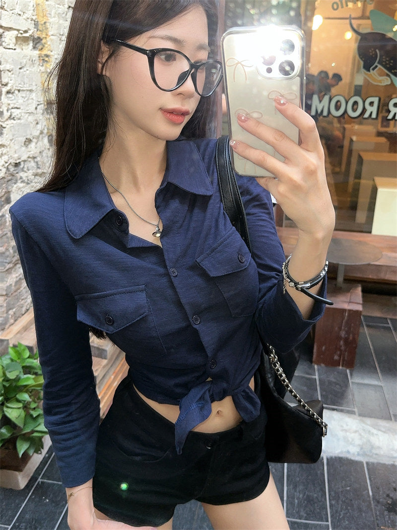 💕氣質翻領長袖收腰鈕扣襯衫