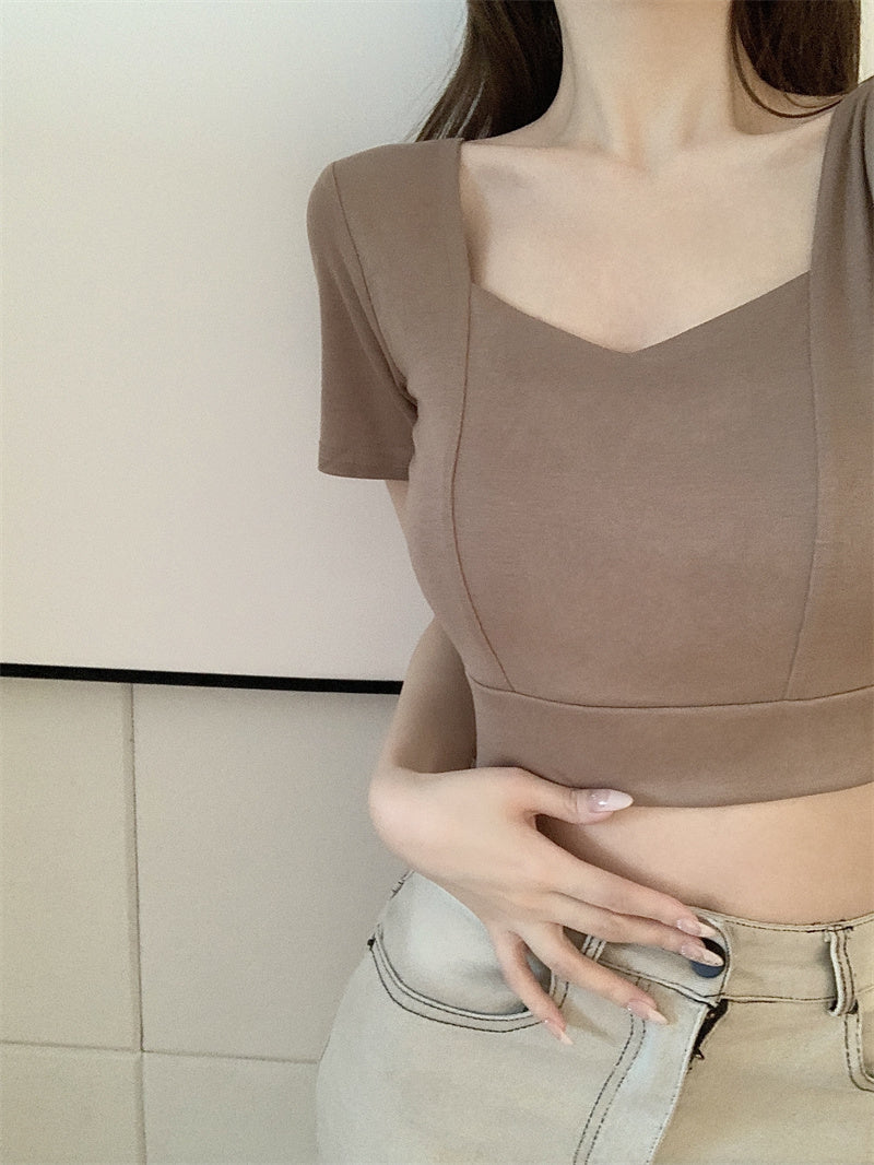 💕方領百搭露鎖骨顯瘦短版露臍上衣