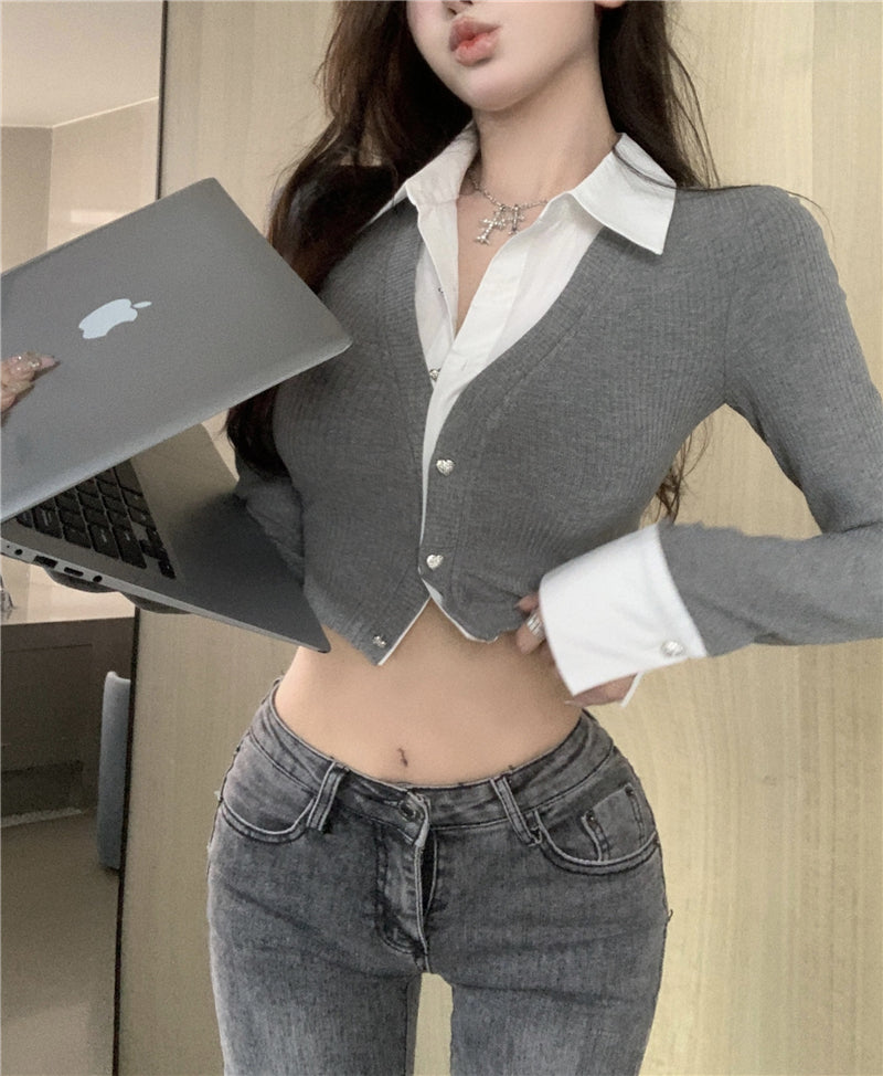 💕純御辣妹修身短款黑色假兩件長袖襯衫
