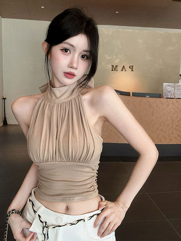 💕掛脖飄帶帶胸墊收腰無袖露肩上衣