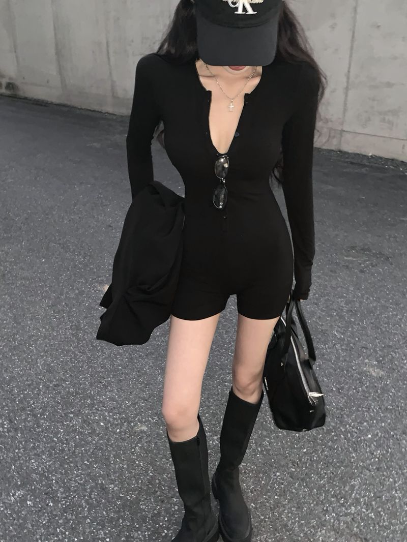 💕辣妹V領顯瘦緊身連體運動短褲