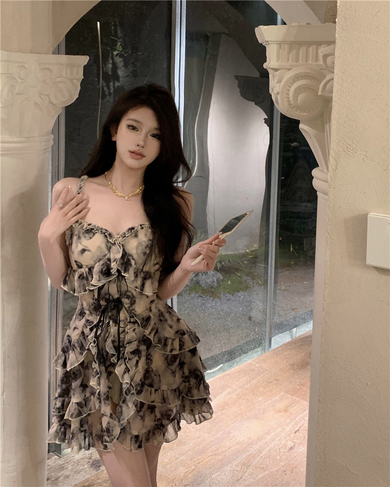💕溫柔系水墨碎花小眾雪紡吊帶連衣裙