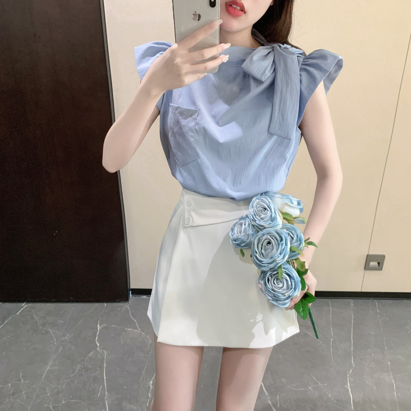 💕氣質飛飛袖系帶襯衫顯瘦套裝