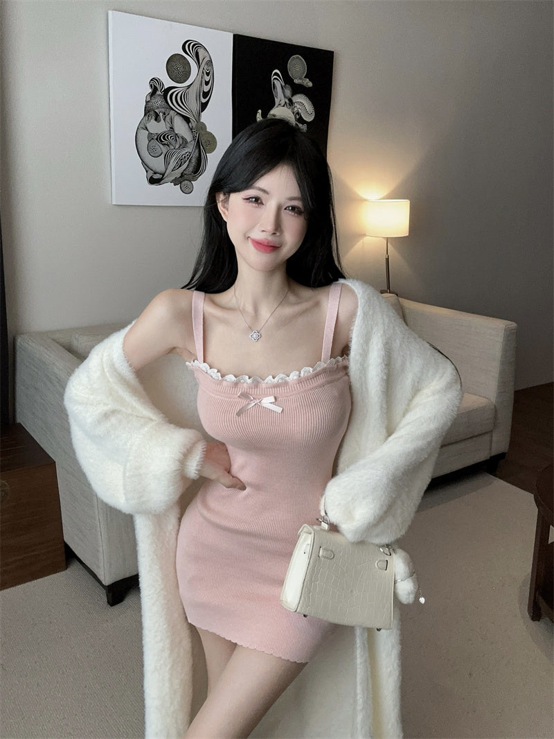💕毛絨絨針織開衫純欲粉色吊帶裙兩件套