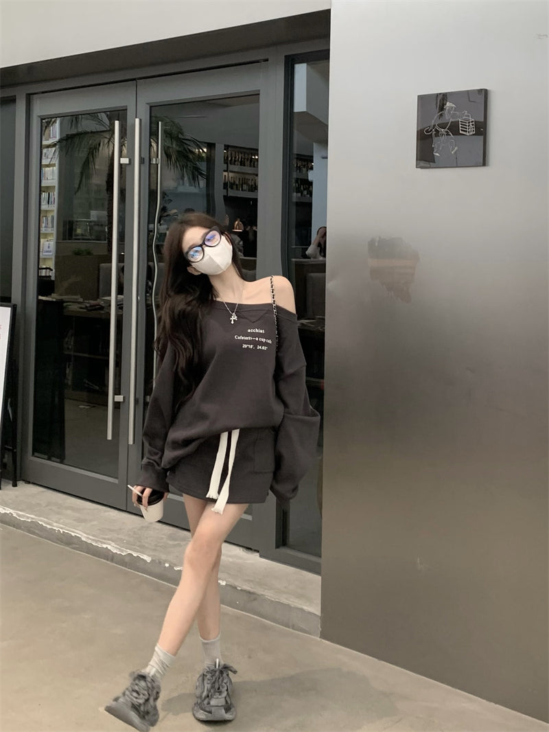 💕休閒簡約百搭一字肩印花長袖衛衣套裝