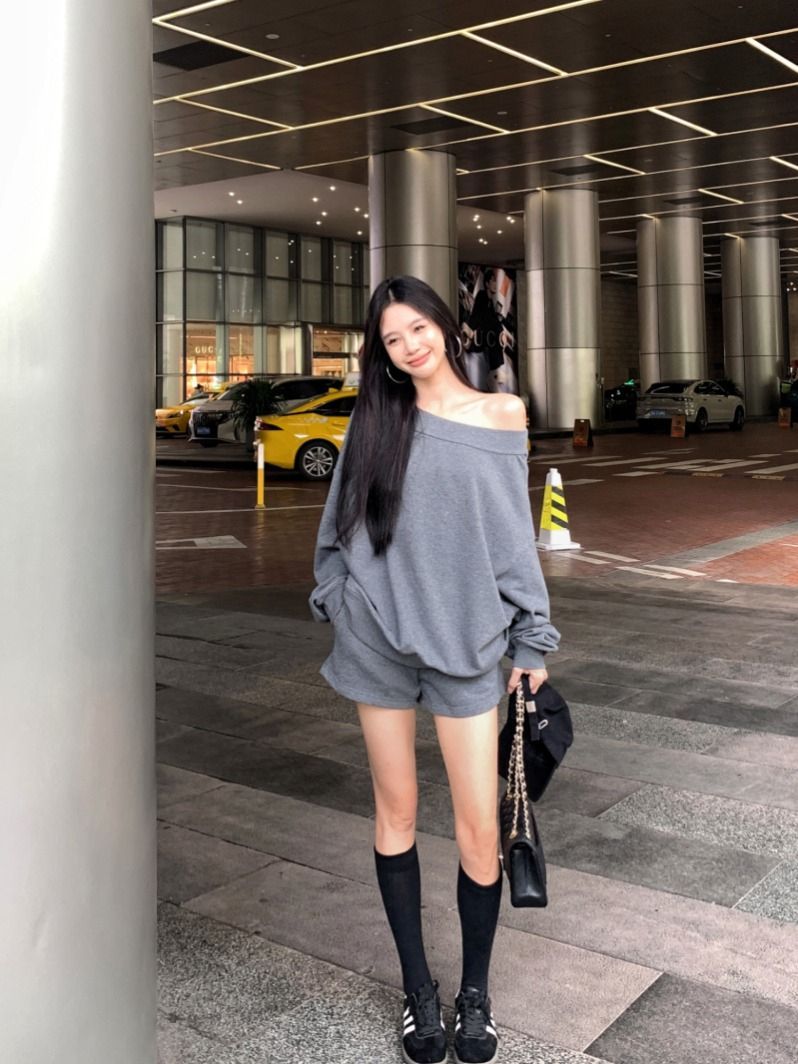 💕韓系慵懶斜肩寬鬆不規則長袖衛衣套裝