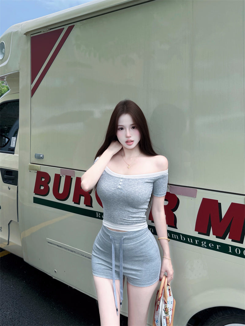 💕韓系假兩件撞色斜肩露肩上衣