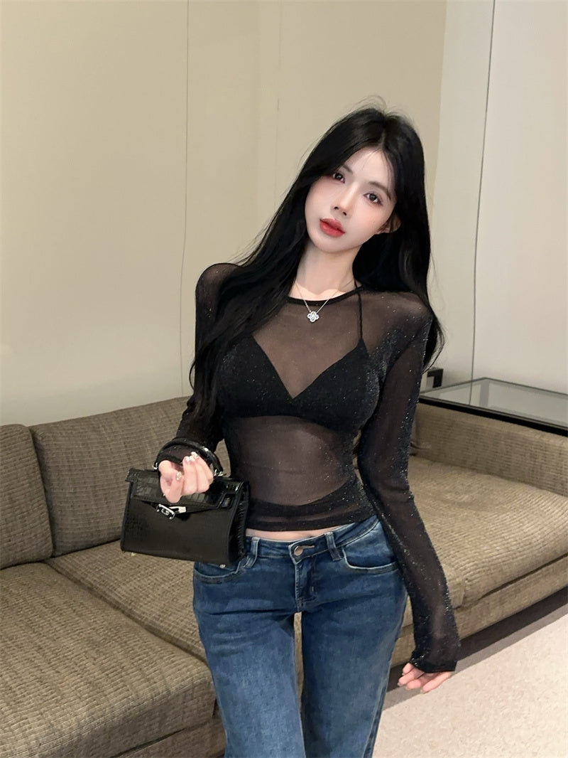 💕韓系高級感細閃網紗微透性感內搭打底衫上衣