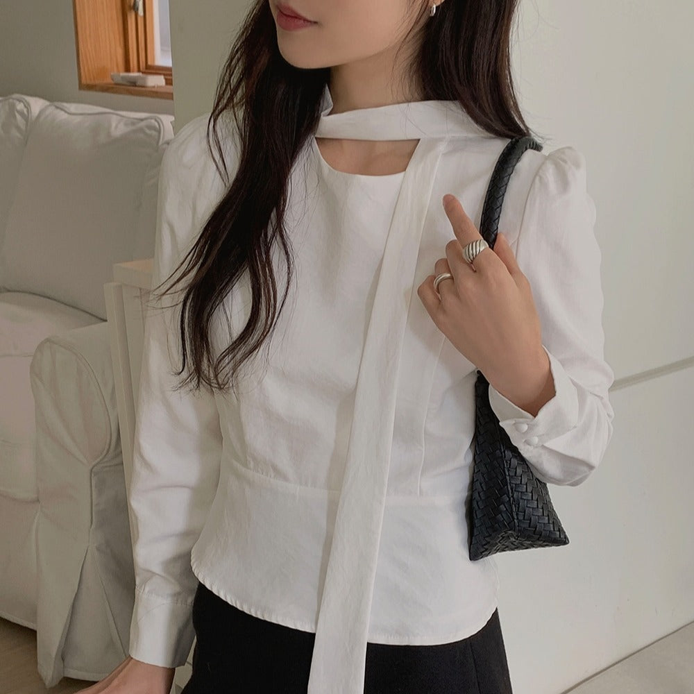 💕ins溫柔飄帶蝴蝶結泡泡袖修身顯瘦上衣