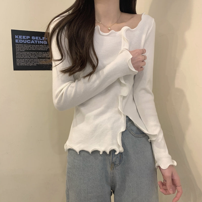 💕溫柔木耳邊不規則針織短款長袖上衣