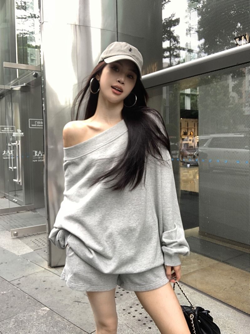 💕韓系慵懶斜肩寬鬆不規則長袖衛衣套裝
