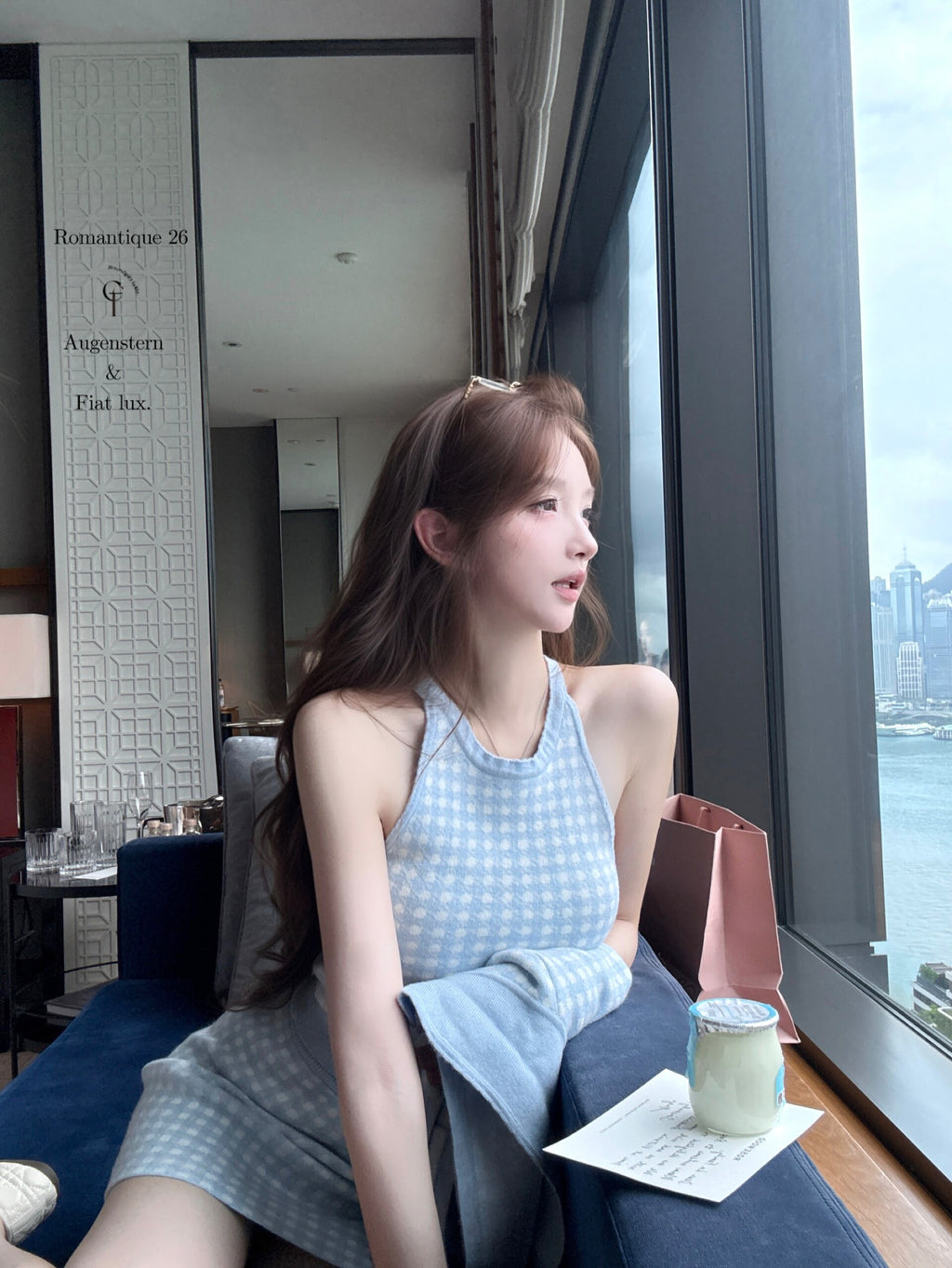 💕海鹽香頌藍粉格子三件套