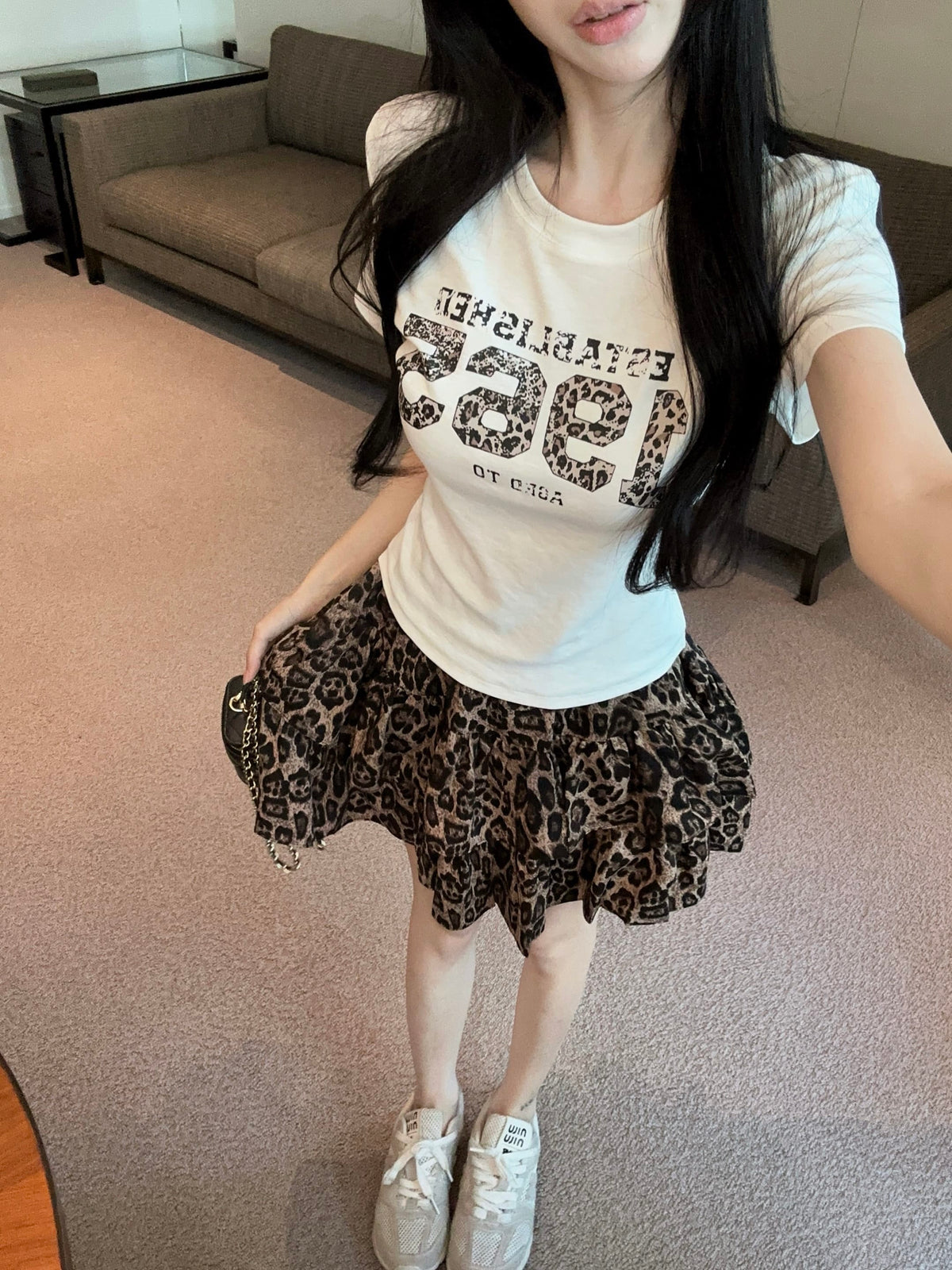 💕夏季豹紋印花圓領百搭短袖上衣