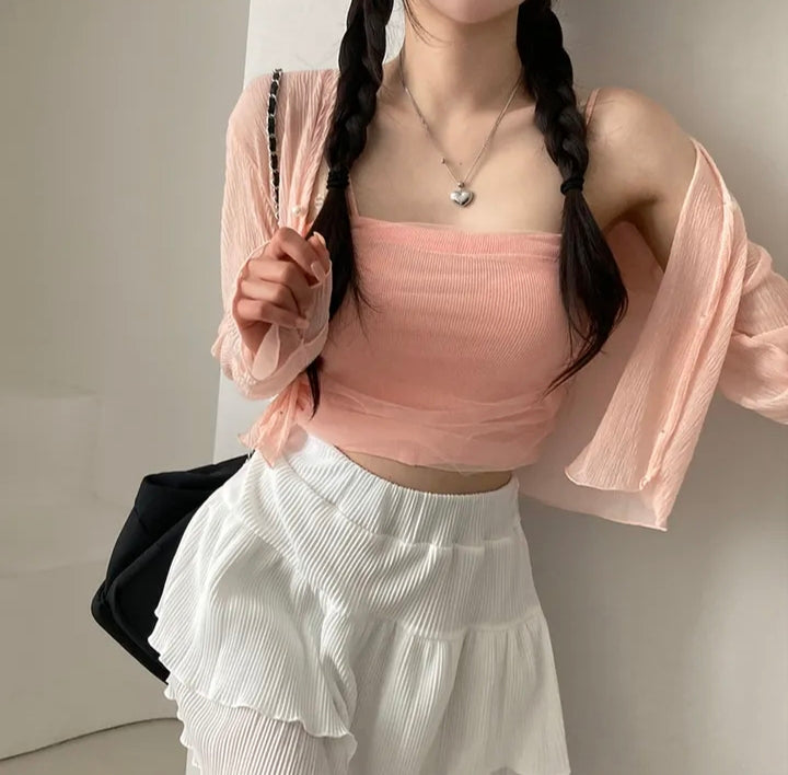 💕春夏防曬長袖雪紡開衫+網紗拼接針織吊帶