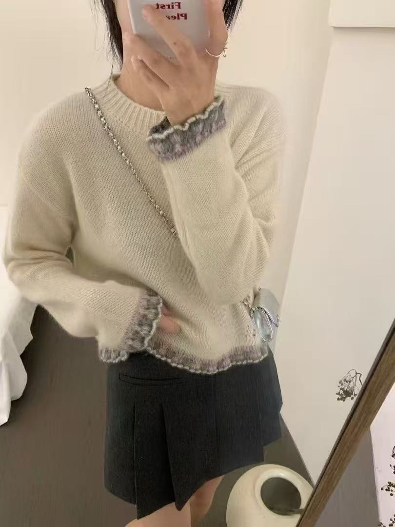 💕韓系休閒氣質羊絨花邊針織上衣