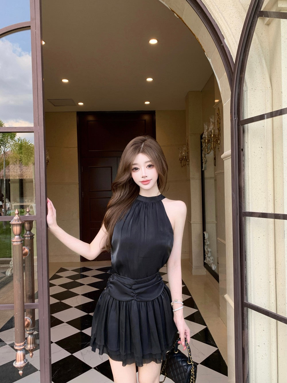 💕法式溫柔無袖掛脖連衣裙