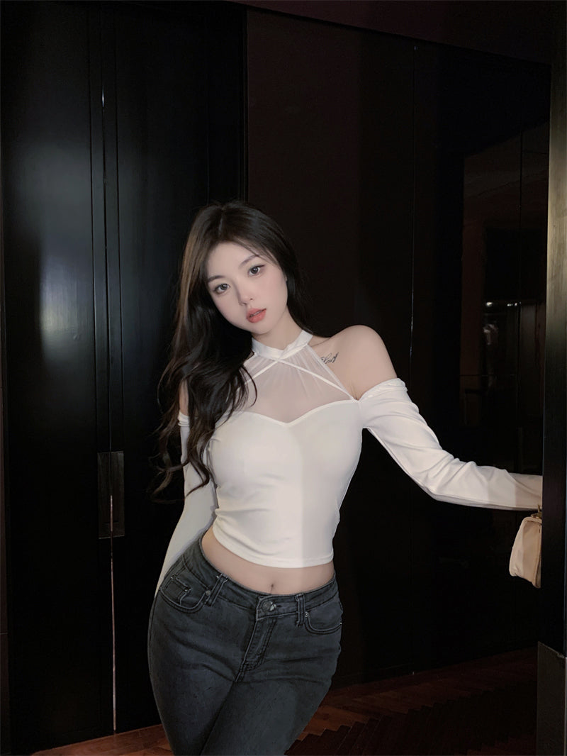💕網紗拼接露肩長袖顯瘦上衣