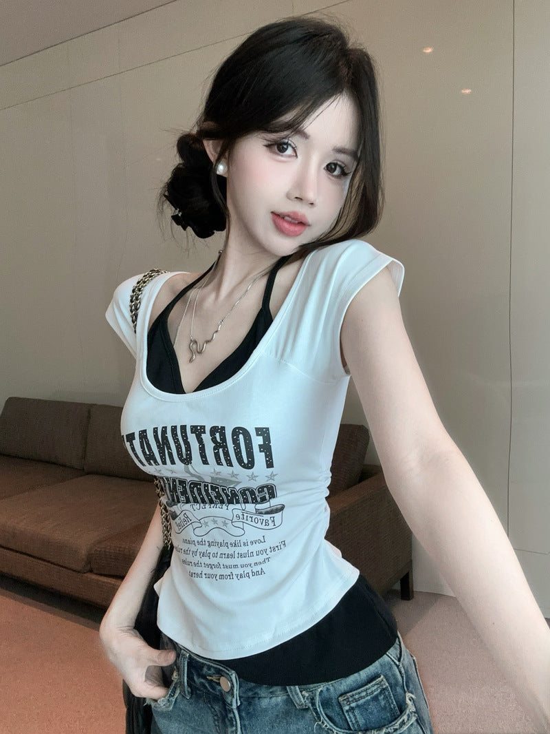 💕夏季新款小心機掛脖假兩件上衣