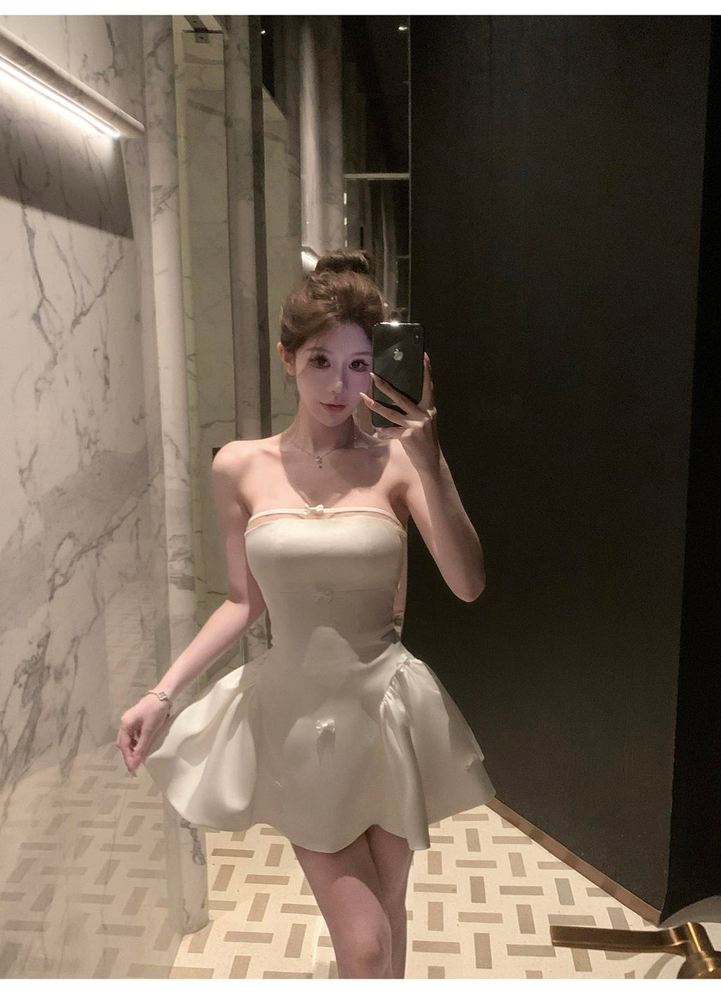 💕簡約氣質名媛緞面抹胸蝴蝶結連身裙