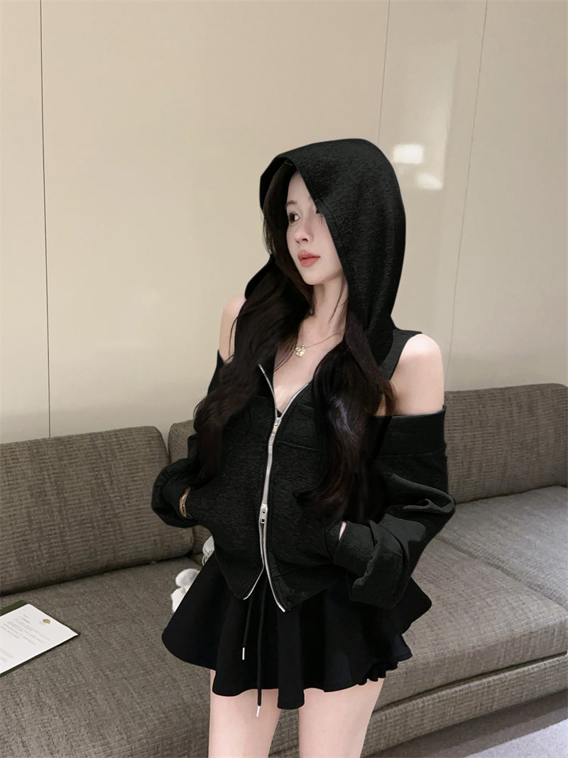 💕韓版個性露肩高檔連帽衛衣外套