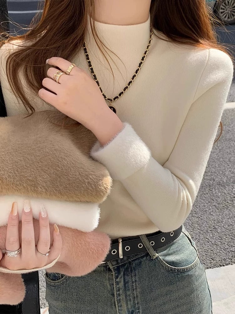 💕秋冬簡約內刷毛半高領別緻保暖上衣