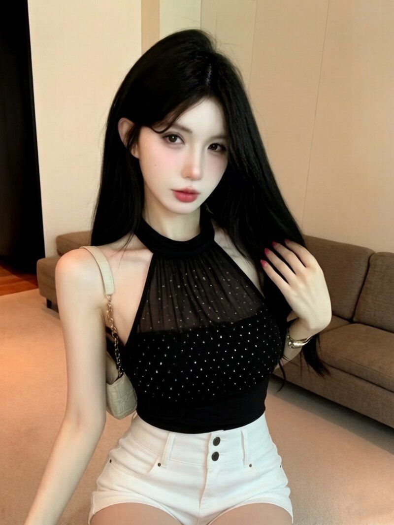💕掛脖網紗高腰露背燙鑽抹胸單品