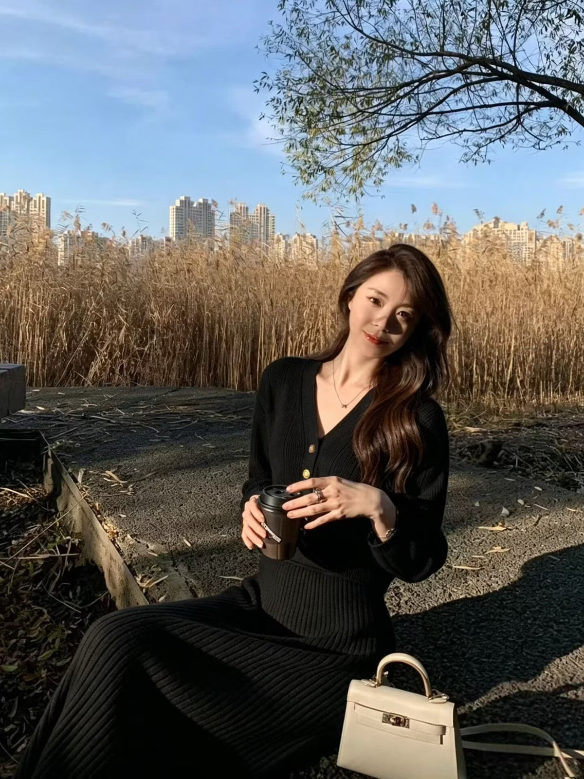 💕溫柔針織V領開衫半身長裙兩件套