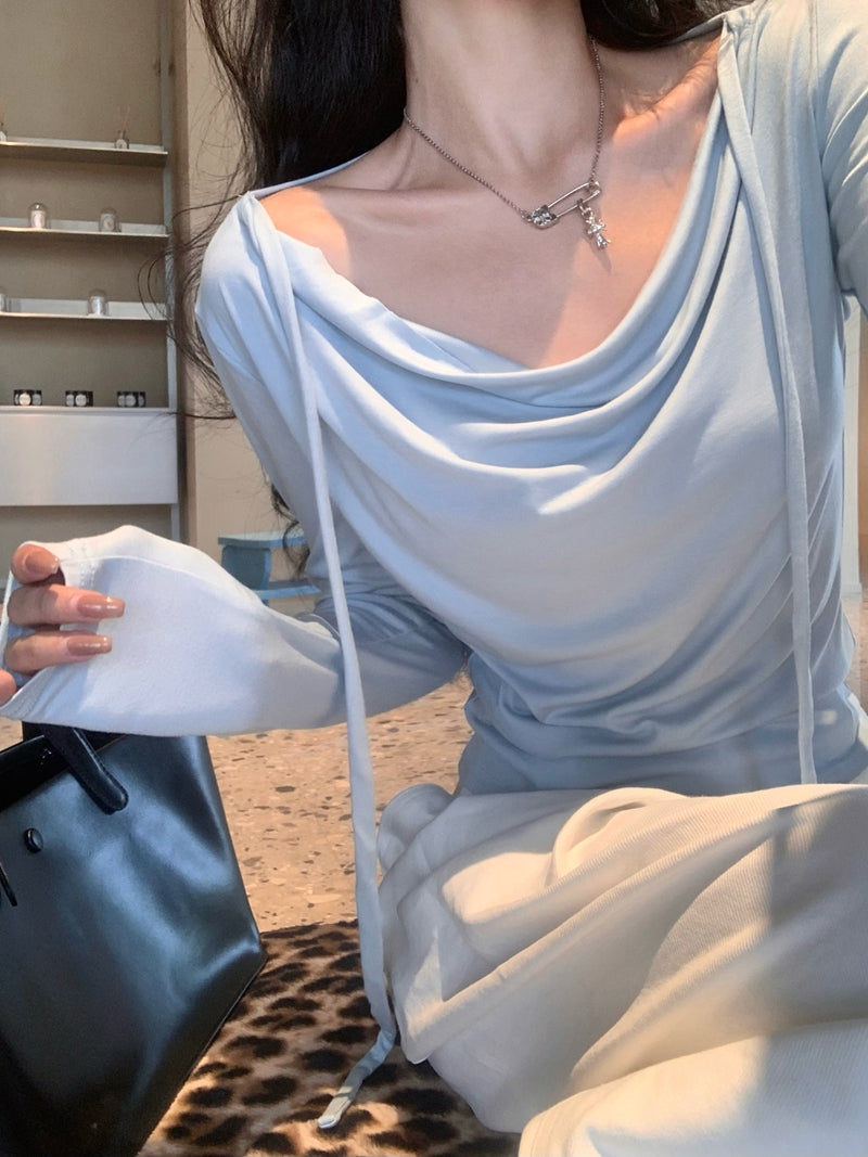 💕春夏甜美溫柔舒適盪領飄帶長袖上衣
