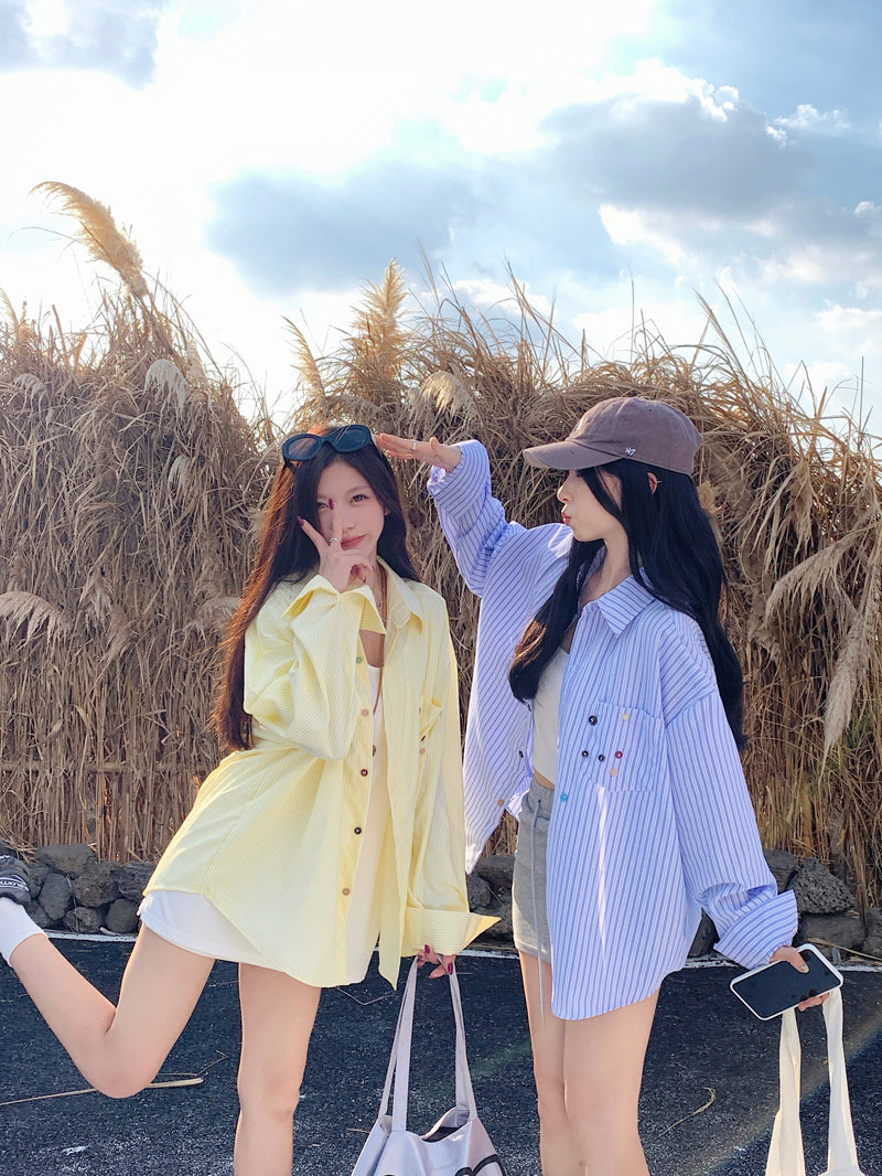 💕青春寬鬆百搭別緻彩色鈕扣條紋襯衫