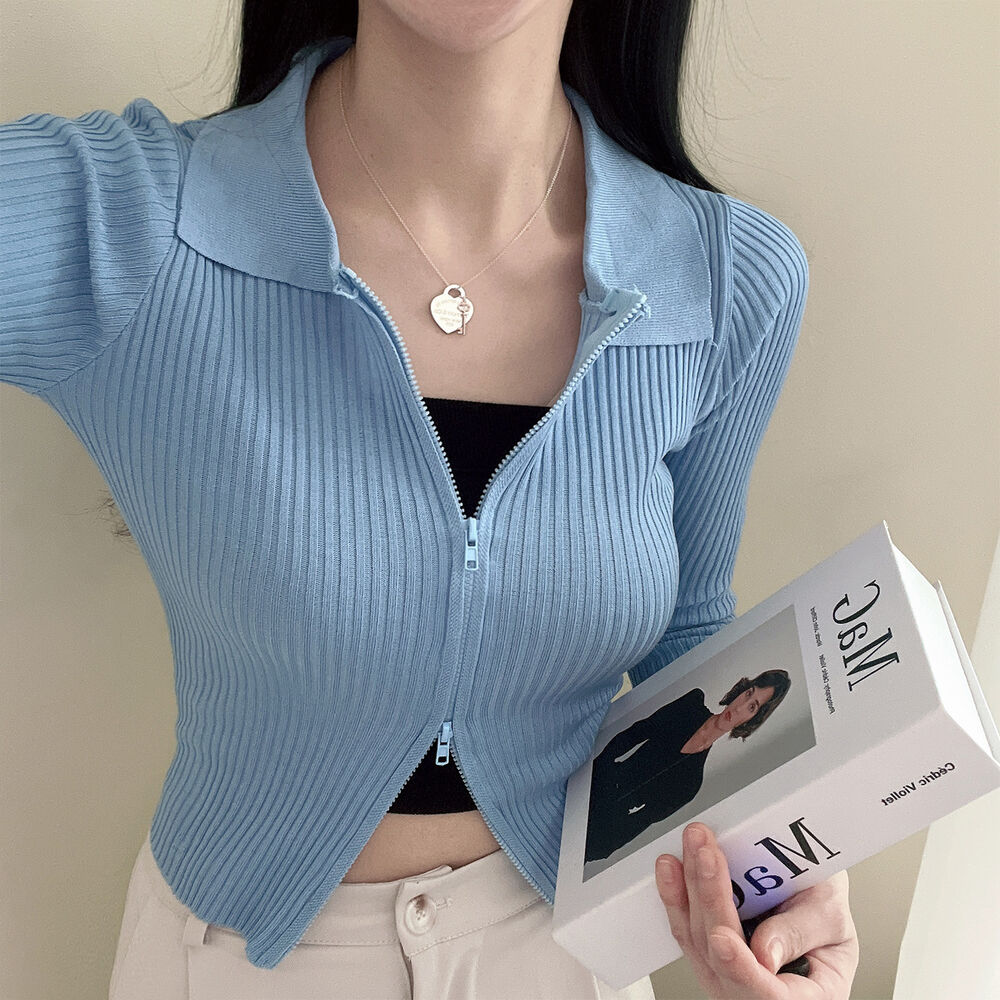 💕日系polo翻領雙拉鍊顯瘦長袖針織衫