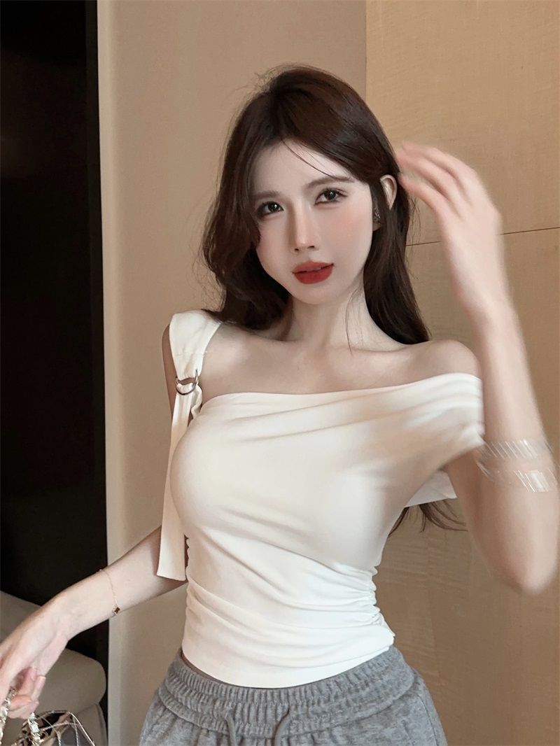 💕不規則斜領露肩露臍短袖上衣
