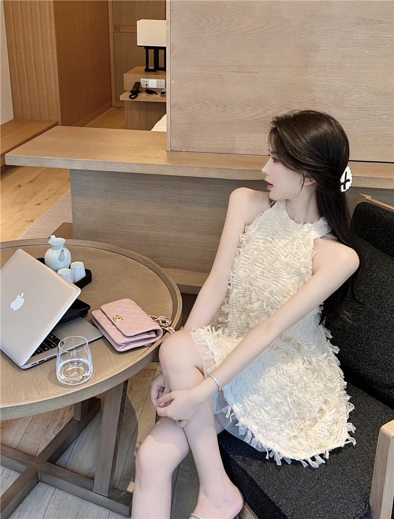 💕流蘇露背掛脖連身裙