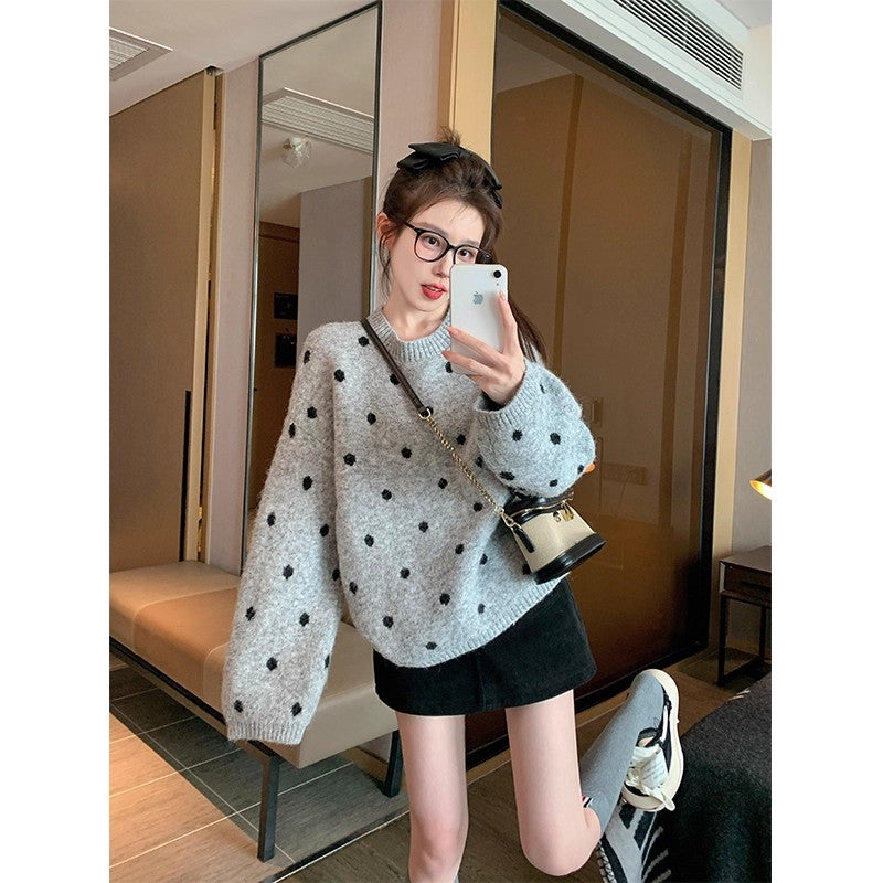 💕chic韓系點點秋冬加厚寬鬆休閒圓領上衣