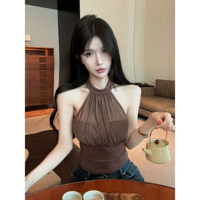 💕掛脖網紗高腰露背燙鑽抹胸單品