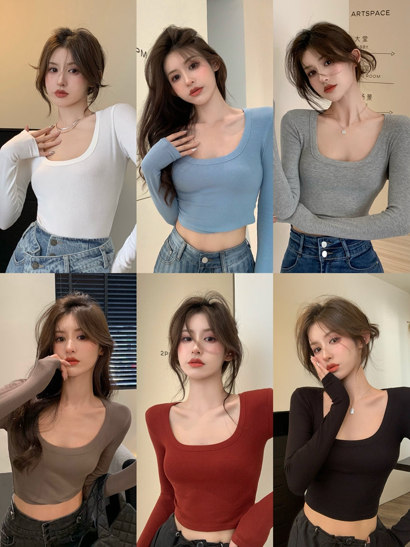 💕百搭低U領修身彈力長袖打底上衣