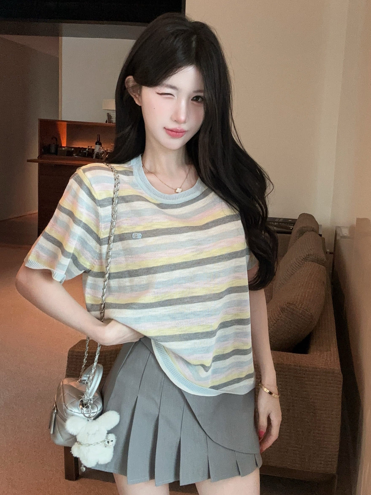 💕夏季清透感柔軟撞色條紋針織衫上衣