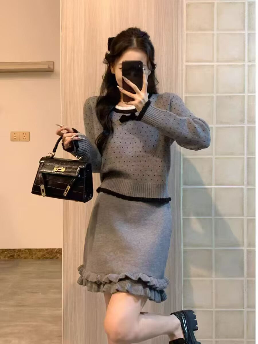 💕溫柔波點花邊蝴蝶結慵懶長袖毛衣套裝