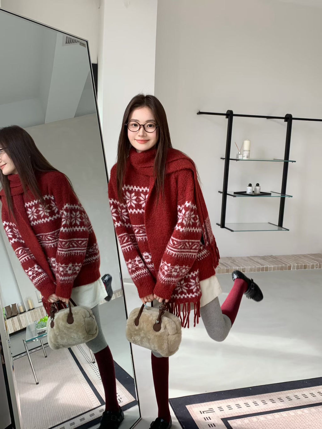 💕韓系圓領復古緹花拚色軟糯針織帶圍巾打底毛衣