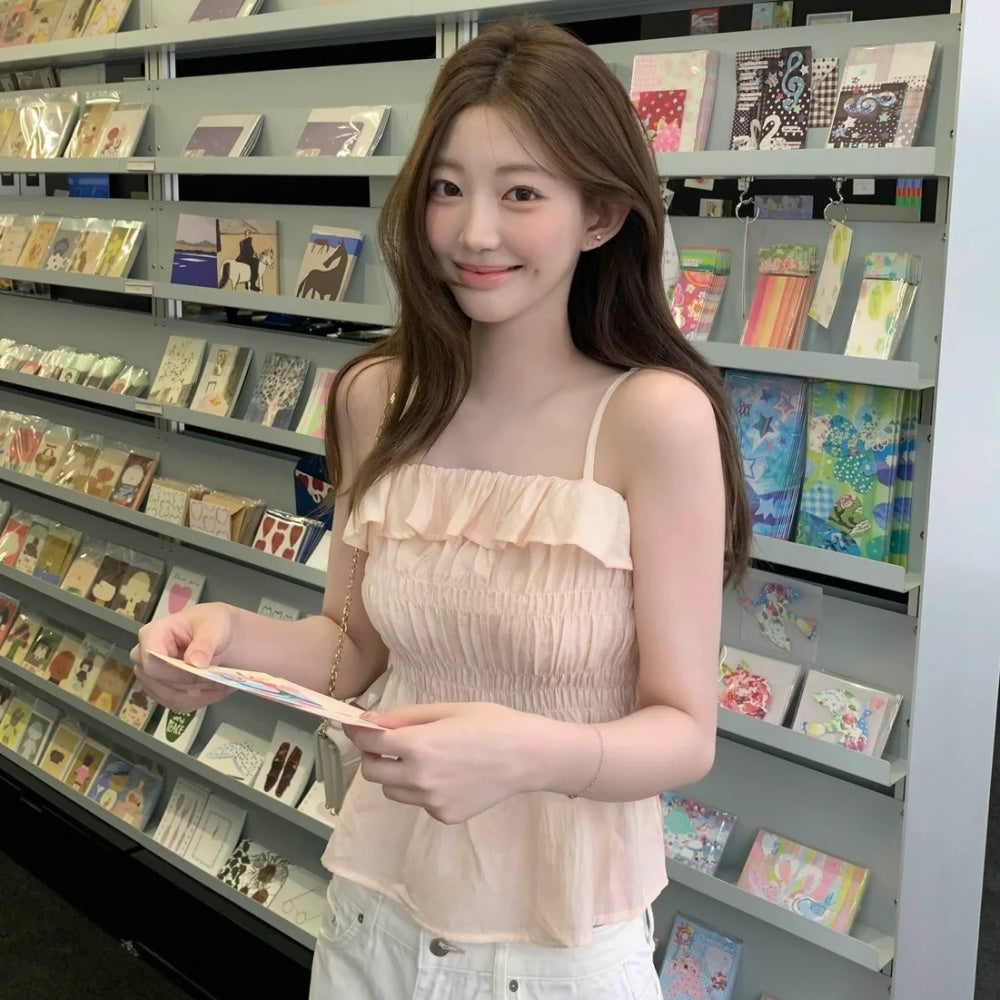💕法式氣質溫柔荷葉邊皺褶吊帶背心