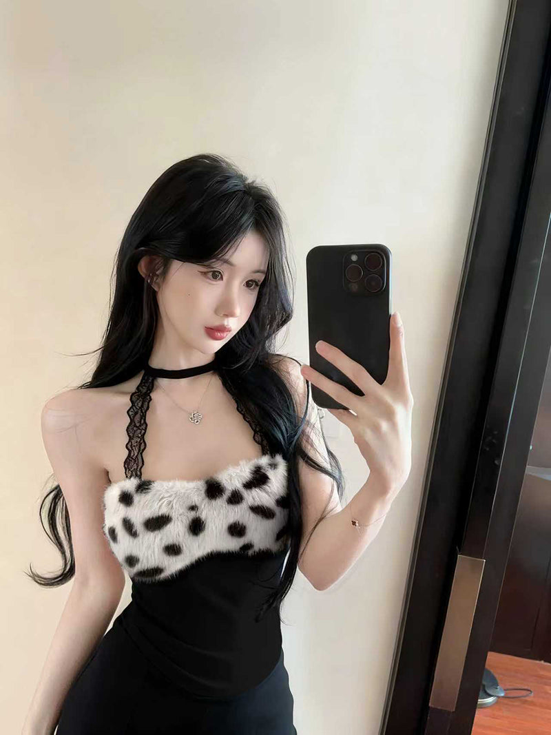 💕蕾絲掛脖拼接毛絨絨短款背心